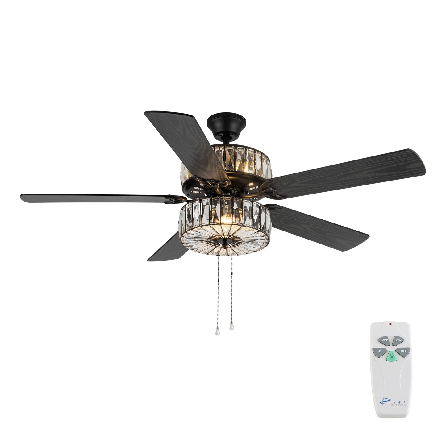 RIVER OF GOODS 52" Glam Double-Lit LED Ceiling Fan with Clear K-9 Crystal Caged Lights - Reversible Blades (Mahogany/Antique Black) - Dimmable Bulbs