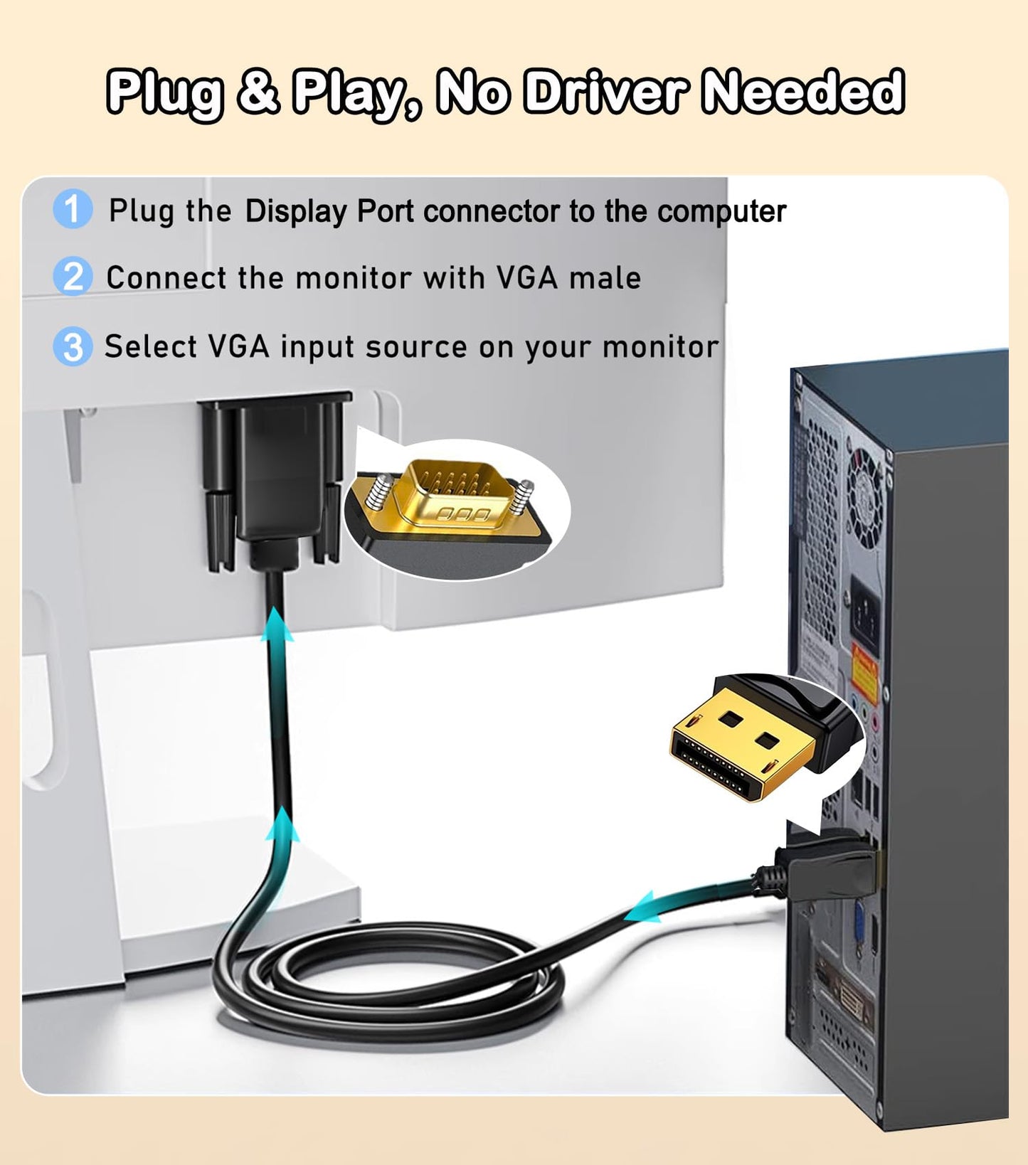 5 Pack DisplayPort to VGA Cable 6FT, Display Port DP to VGA Adapter, 1080P@60Hz Video Cord from Laptop/Computer (DP) to Monitor/Projector (VGA), (Not