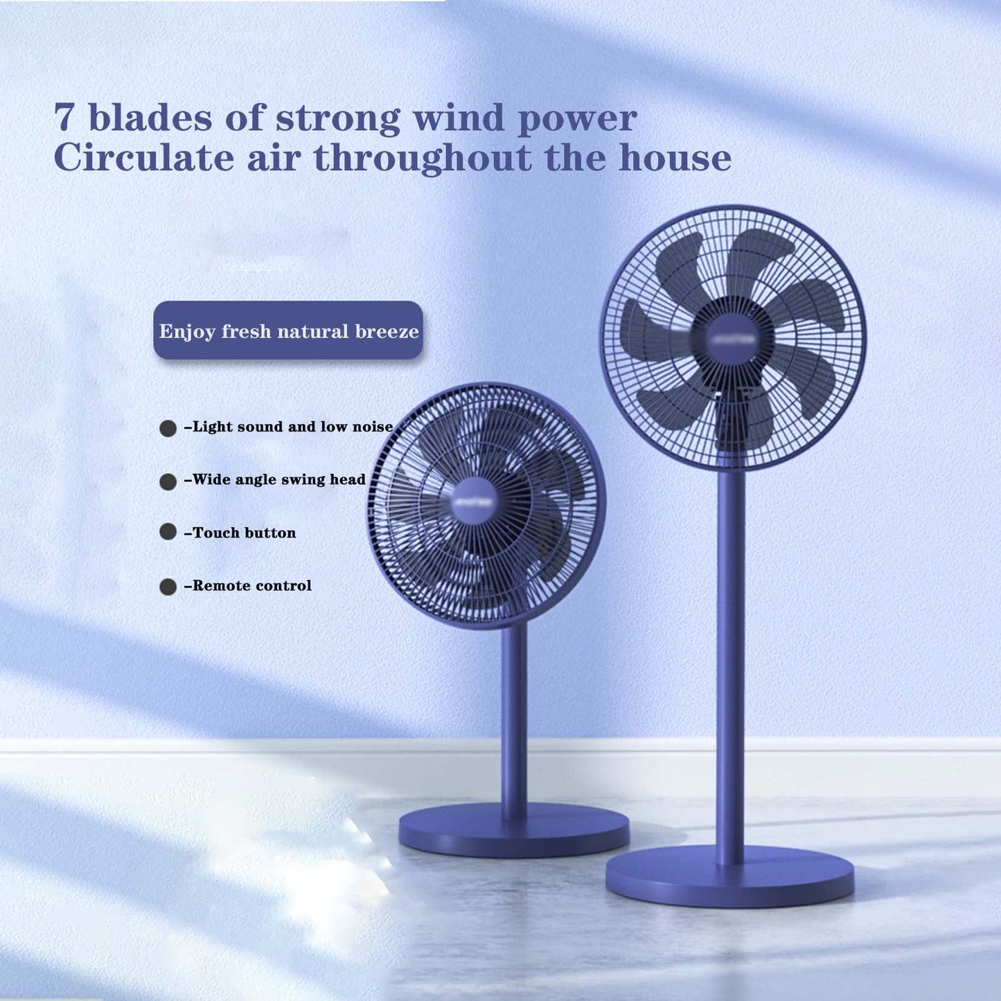 BNE Pedestal fan, 3-speed adjustment - 45 watts low power consumption - Quiet - Remote control - Oscillating head, suitable for office, home use
