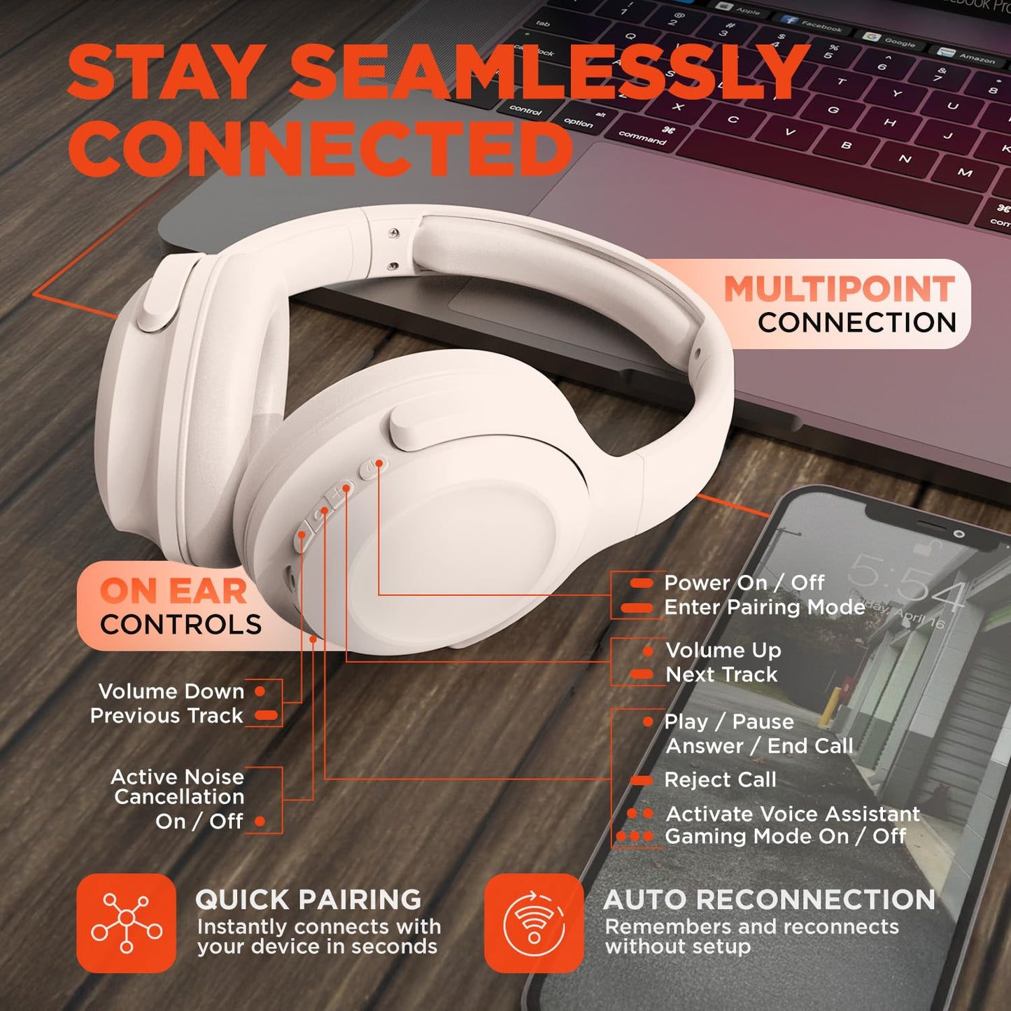 HyperGear Headphones Wireless - Bone Active Noise Cancelling Headphones Over Ear Bluetooth HD Audio Deep Bass Dual Noise Canceling Mics ANC Gym…