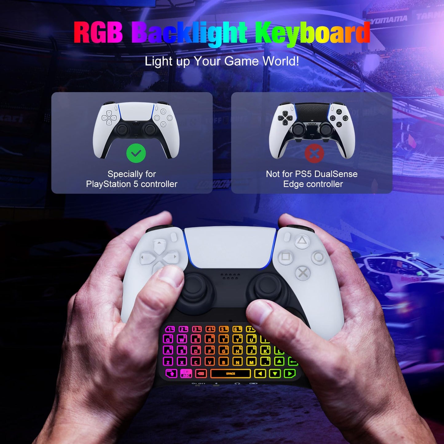 MoKo RGB Backlight Keyboard for PS5 Controller, Bluetooth Wireless Mini Gamepad Chatpad for PlayStation 5 with Upgraded Built-in Speaker & 3.5mm Audio