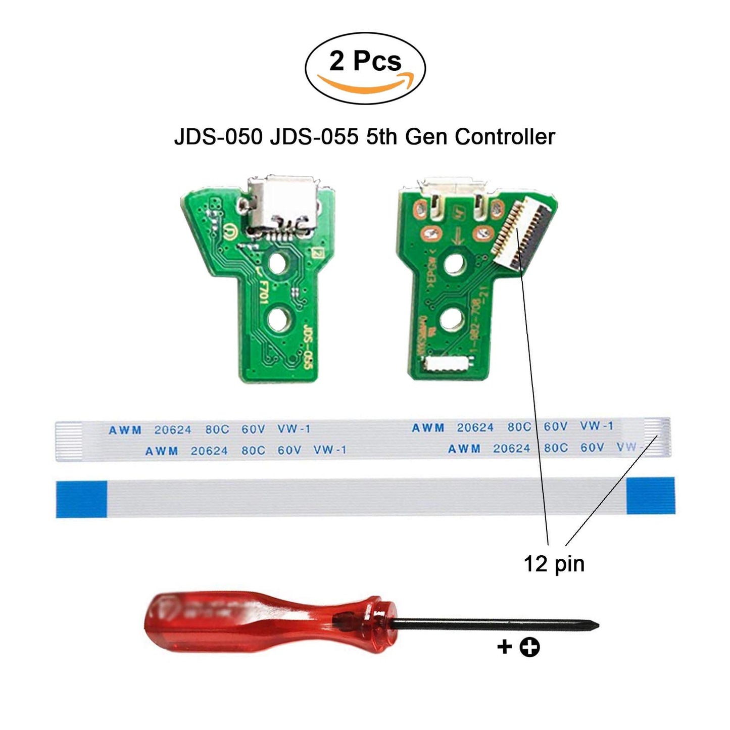 Rinbers® Pack of 2 JDS-050 JDS-055 Replacement Charging Port Micro USB Adaptor Charger Socket Circuit Board with 12 Pin Flex Cable