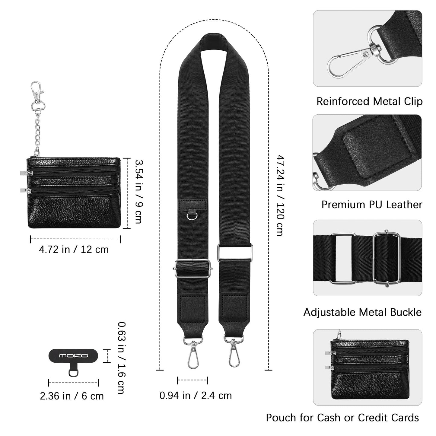 MoKo Universal Phone Lanyard, Phone Crossbody Strap with Detachable Pouch, Adjustable Cellphone Lanyard Crossbody Around the Neck with Patches