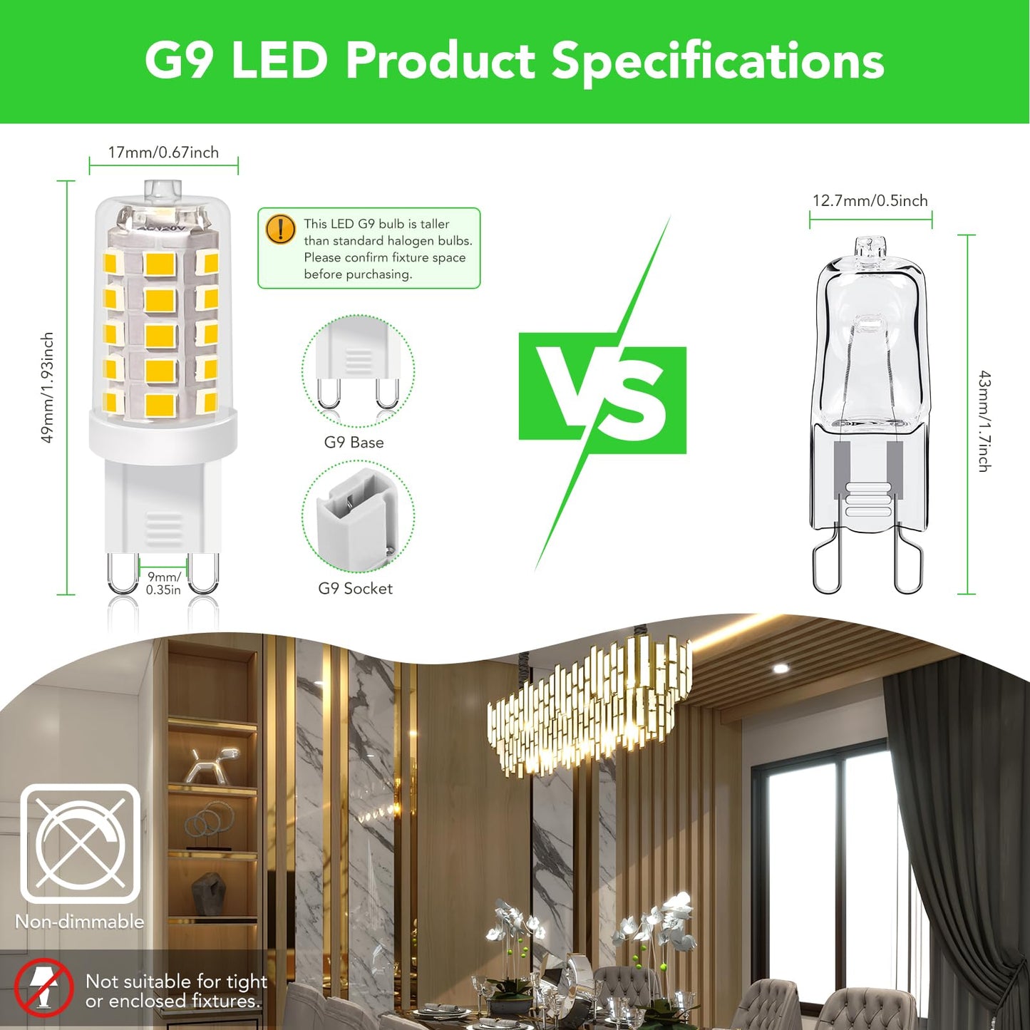 BUBO G9 LED Bulb 3000K Warm White 430 Lumens, 3W Equivalent 40W T4 G9 Halogen Replacement, 360°Beam Angle 120V Non-Dimmable No-Flicker G9 Light Bulbs