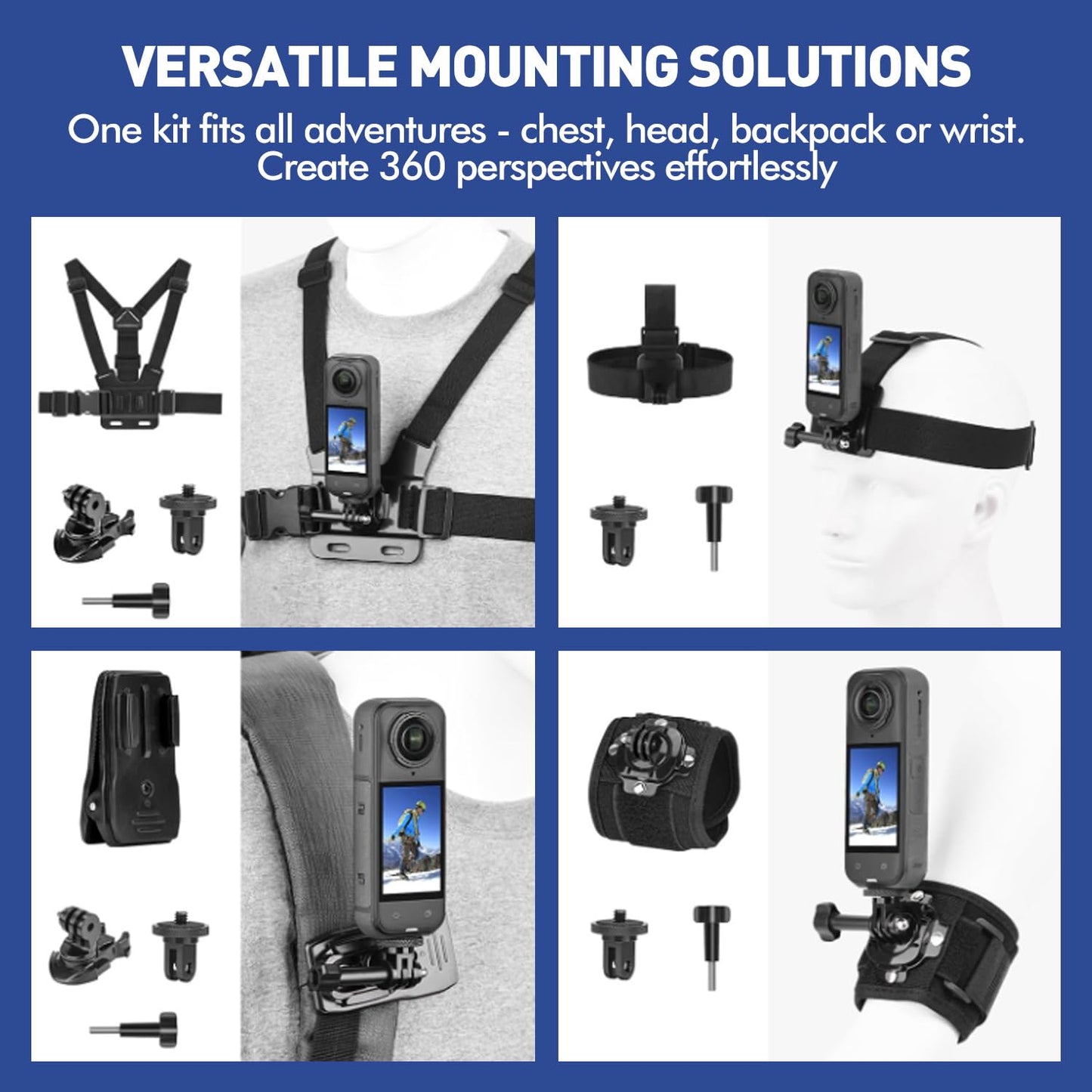 JFX Accessories Kit for Insta 360 X5 X4 Air, Insta360 One X5 X4 X3 X Camera, Chest Mount Head Strap Harness Backpack Clip Holder Wrist Strap