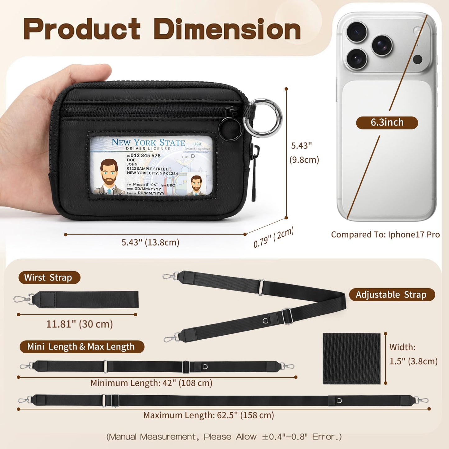 RsAingT Wristlet Wallets Keychain for Women, Clip and Go Strap for Phone with Clear ID Window Zipper Coin Purse(Black)