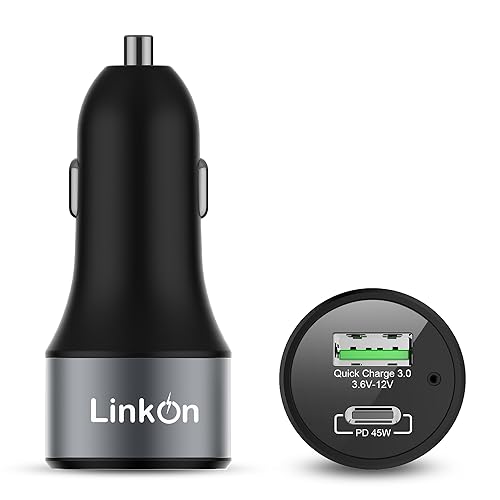 LinkOn 63W USB C Car Charger PPS&PD 3.0(45W) + QC 3.0(18W) Dual Port - Fast Car Charger Compatible with Laptop, Phone & Tablet - MacBook, Dell XPS, HP