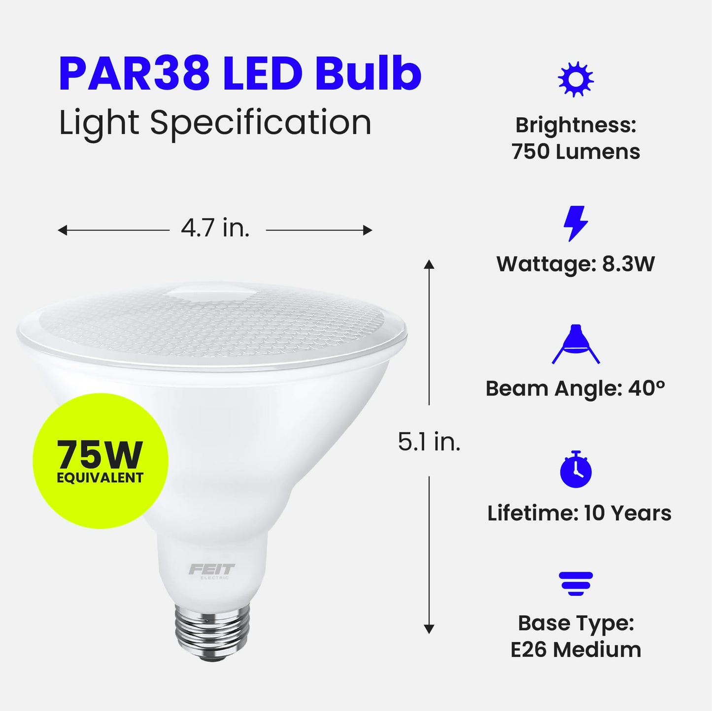 Feit Electric PAR38 LED Light Bulbs, 75W Equivalent, 5000k Daylight, 750 Lumens, E26 Base, Flood Light for Landscape & Track Lighting, 11,000-Hour
