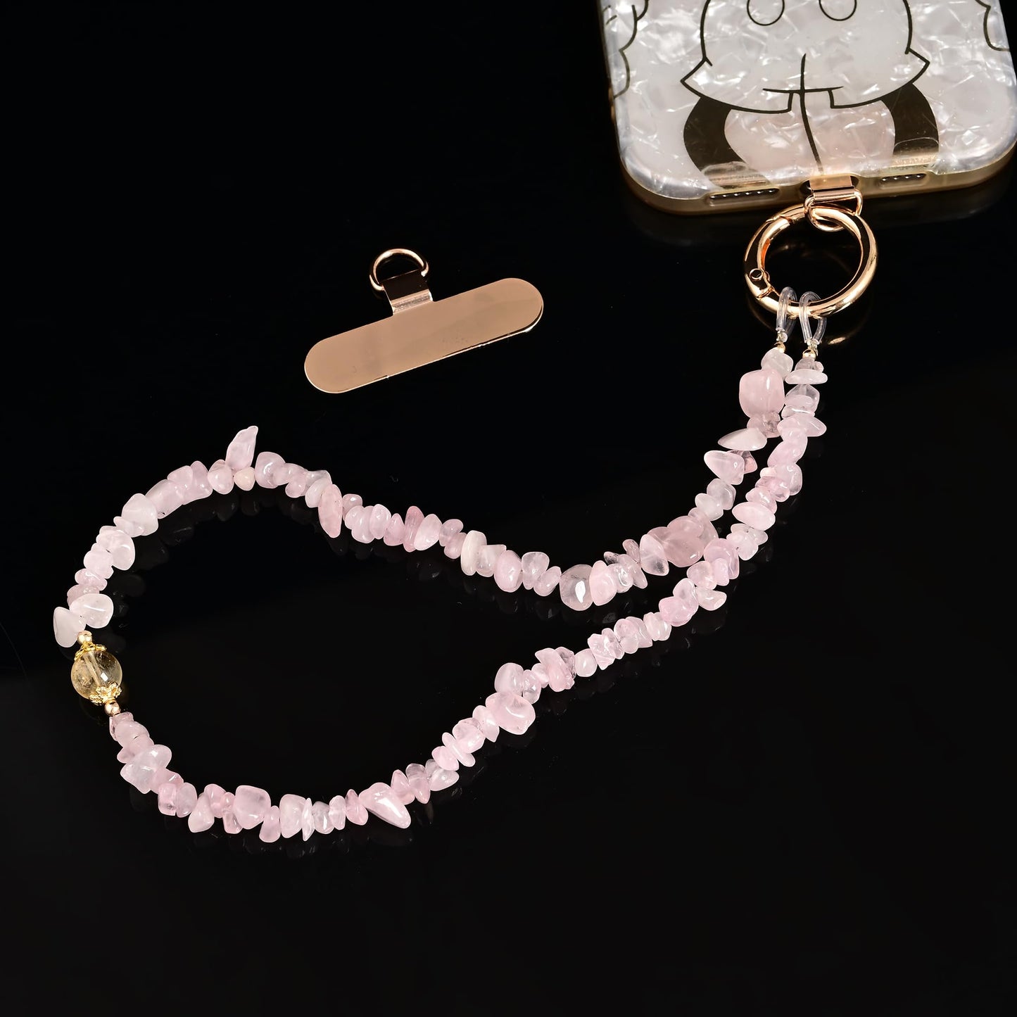 Land Long Pink Rose Quartz Chips Beaded Hands-free Phone Wrist Strap with Anti-lost Tab, Detachable Wristlet Lanyard for Girly Gift