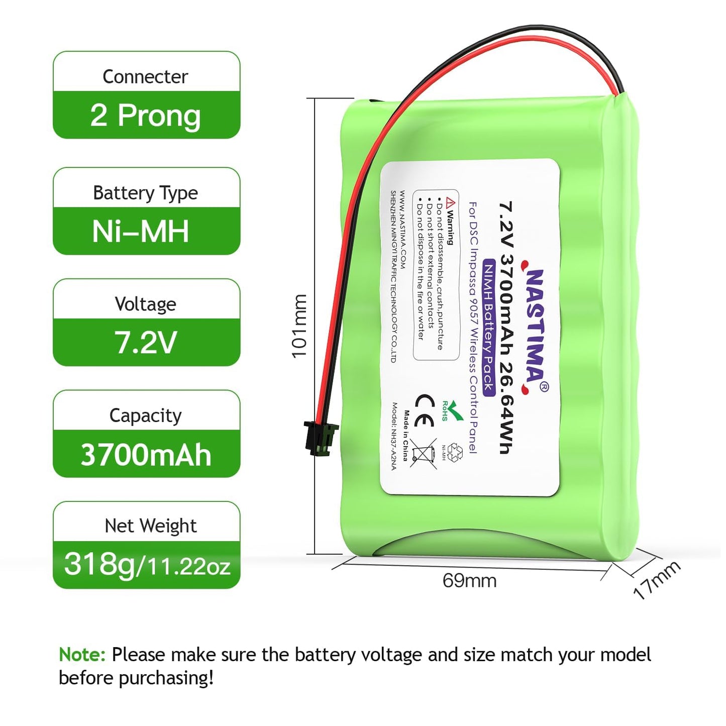 NASTIMA NIMH Battery Replacement for ADT DSC IMPASSA 9057 SCW9055 SCW9057 BH7236-SS 17000145 17000152 Wireless Home Security System | 7.2V 3700mAh