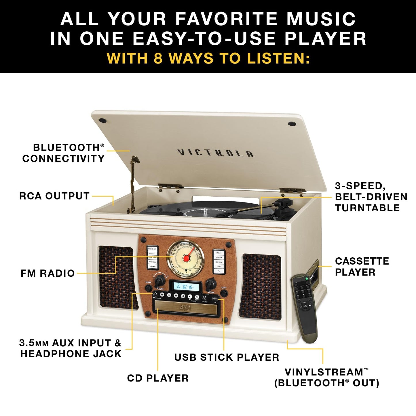 Victrola Navigator 8-in-1 Bluetooth Record Player with Built-in Speakers - 3 Speed, CD Player, Cassette, FM Radio, USB, RCA Out, Headphone Jack