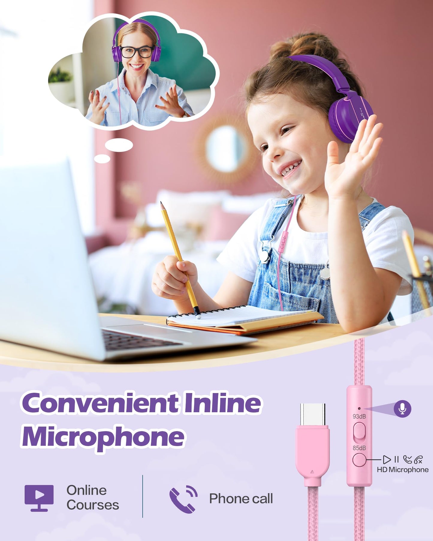 AILIHEN USB C Headphones with Mic for Kids, 85dB&93dB Volume Limited, Foldable for Travel & Storage, Comfortable for School, Homework and Family Use