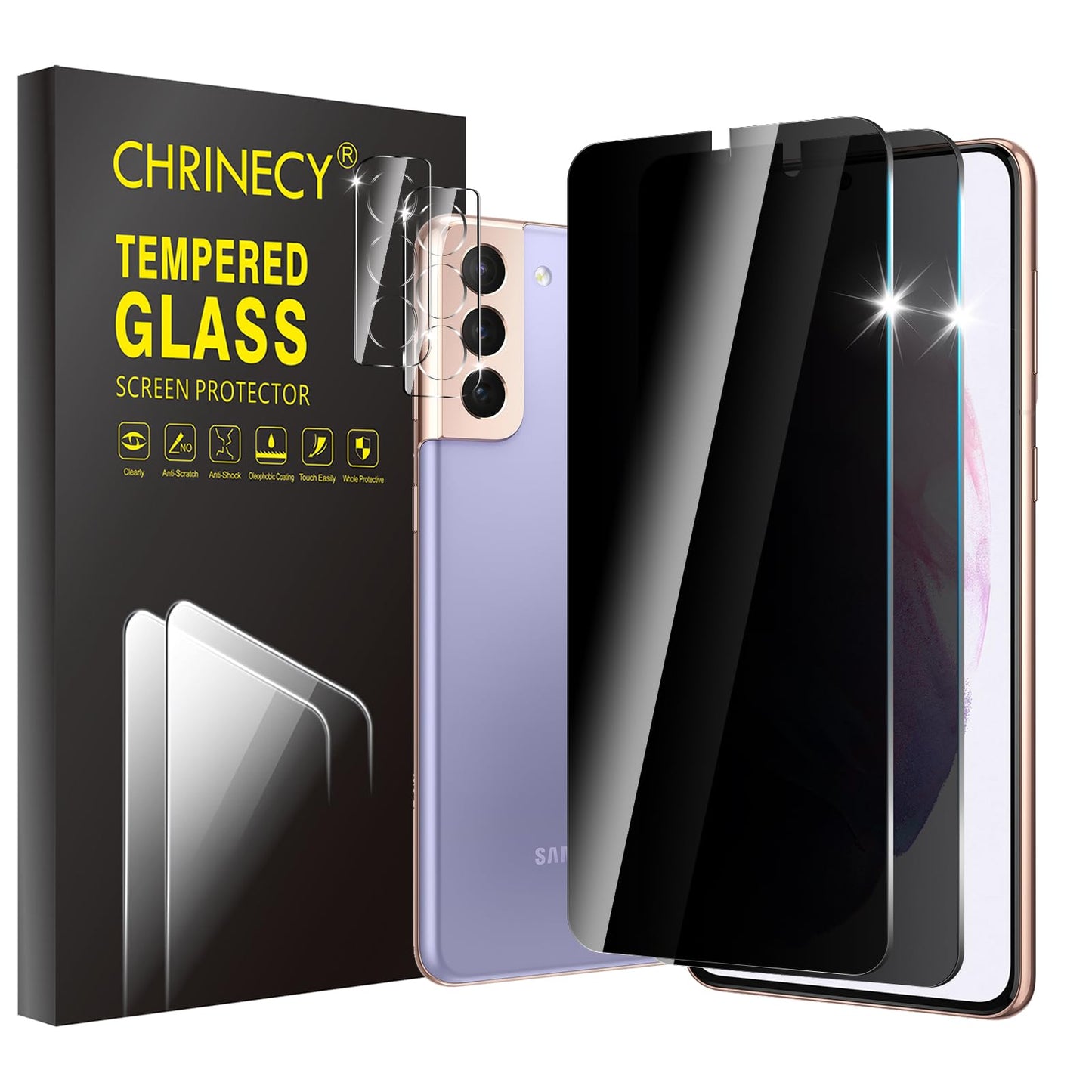 CHRINECY [4 Pack] 2 Pack Privacy Screen Protector for Samsung Galaxy S21 Plus 5G with 2 Pack Camera Lens Protector, 9H Hardness, Anti Spy Anti
