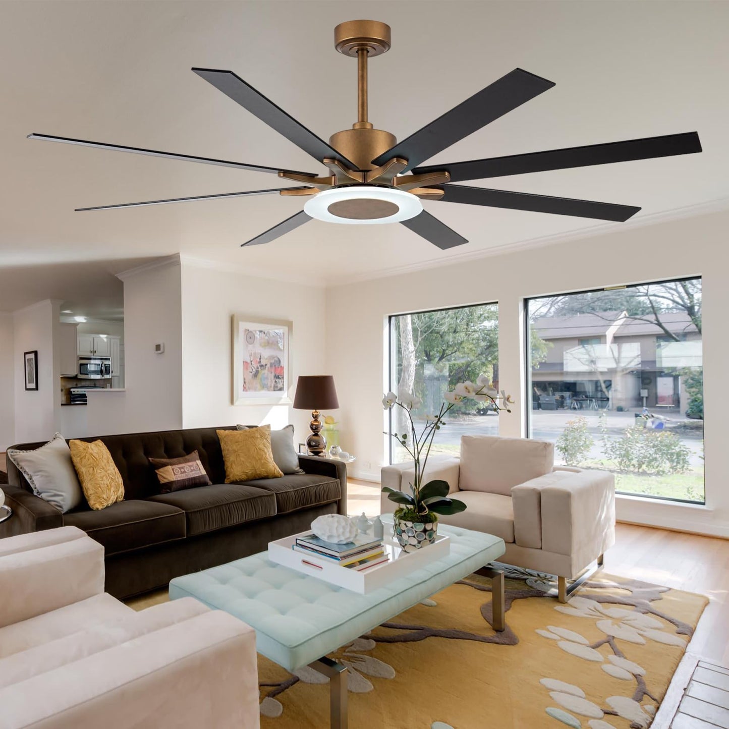 Vaczon 65" Gold Modern Ceiling Fan with Lights & Remote - Dimmable LED, 6 Speeds, Reversible DC Motor, Timer, Noiseless, Indoor/Outdoor Use