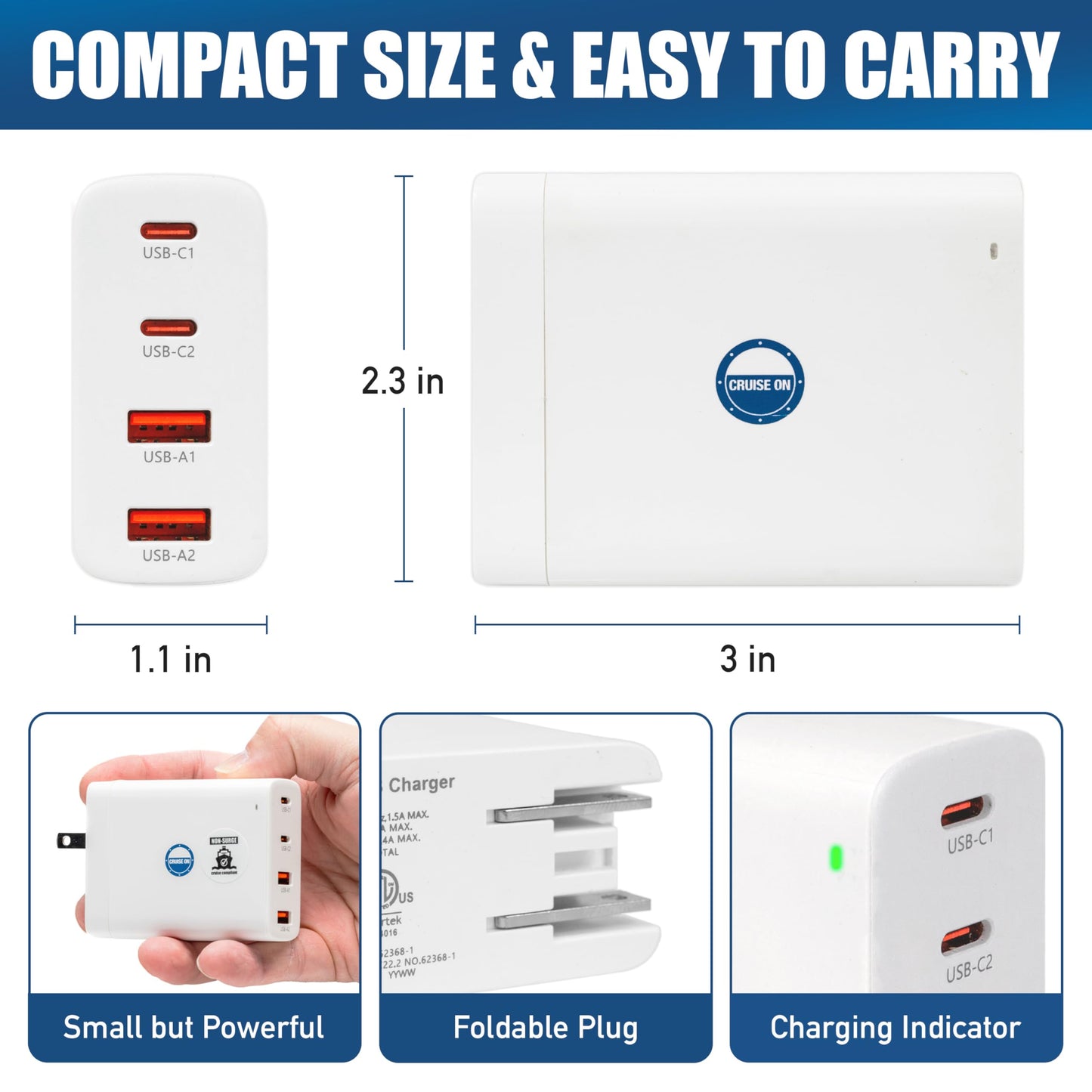Cruise Approved Power Strip (Royal Caribbean, Disney & More) - Non Surge Charger [2 USB, 2 USB-C] 4-Port Charging Block w/Foldable Plug for iPhone