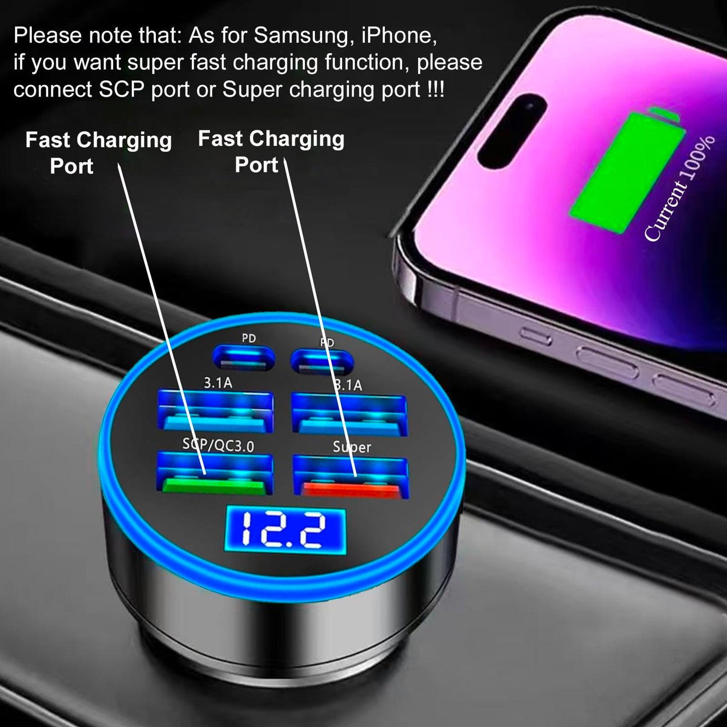 Super Fast Charge USB C Car Phone Charger Adapter 6 in 1 with Voltage Display 250W Multi Port Cigarette Lighter USB Charge for iPhone 16 15 14 13 12