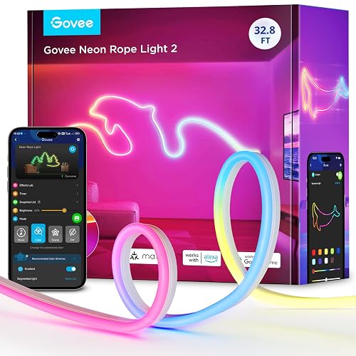 Govee RGBIC Neon Lights, LED Smart Neon Rope Light 2 Works with Matter, Alexa, Google Assistant, Custom DIY Neon Strip Lights for Bedroom and Holiday