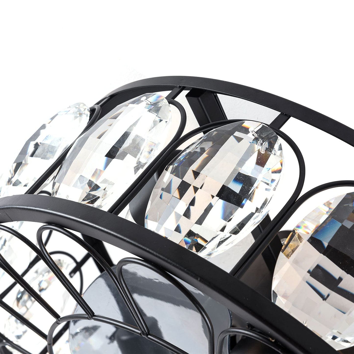 kangten 18 Inch Crystal Ceiling Fan with Lights Black Iron Modern Caged 4 E27 Adjustable 3 Wind Speed W/Remote Control Low Profile Chandelier Ceiling