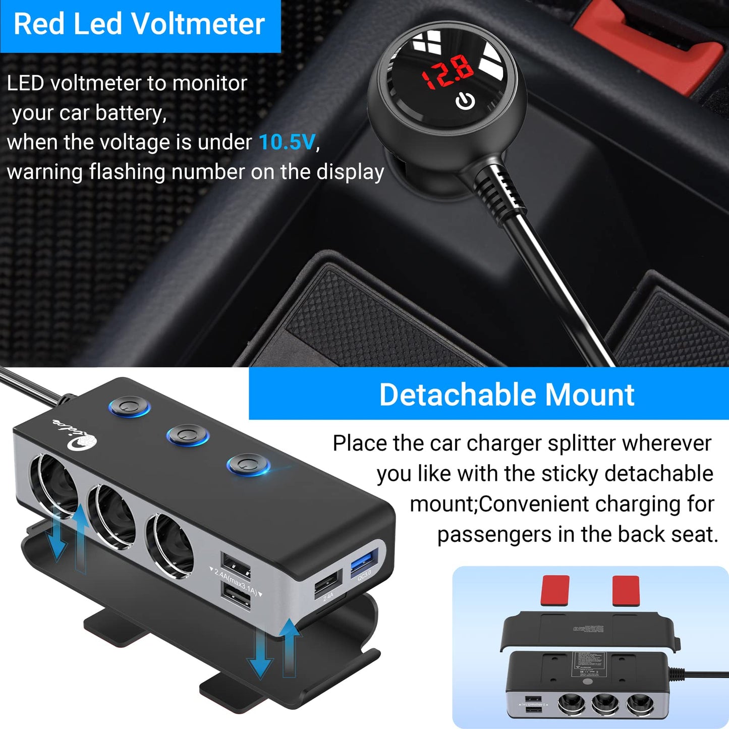 Quick Charge 3.0 Cigarette Lighter Splitter, Qidoe 3 Socket 180W Cigarette Lighter Adapter with 4 USB Fast Charging, DC 12V/24V Cigarette Outlet LED