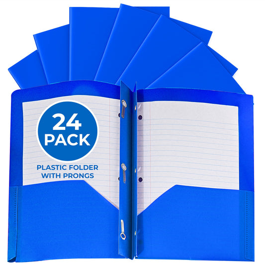 24 Pack Blue Plastic Folders with Pockets Heavy Duty. 2 Pocket Folder no Prongs Bulk. Tear-Resistant Letter Size 8.5x11. Presentation Ready School