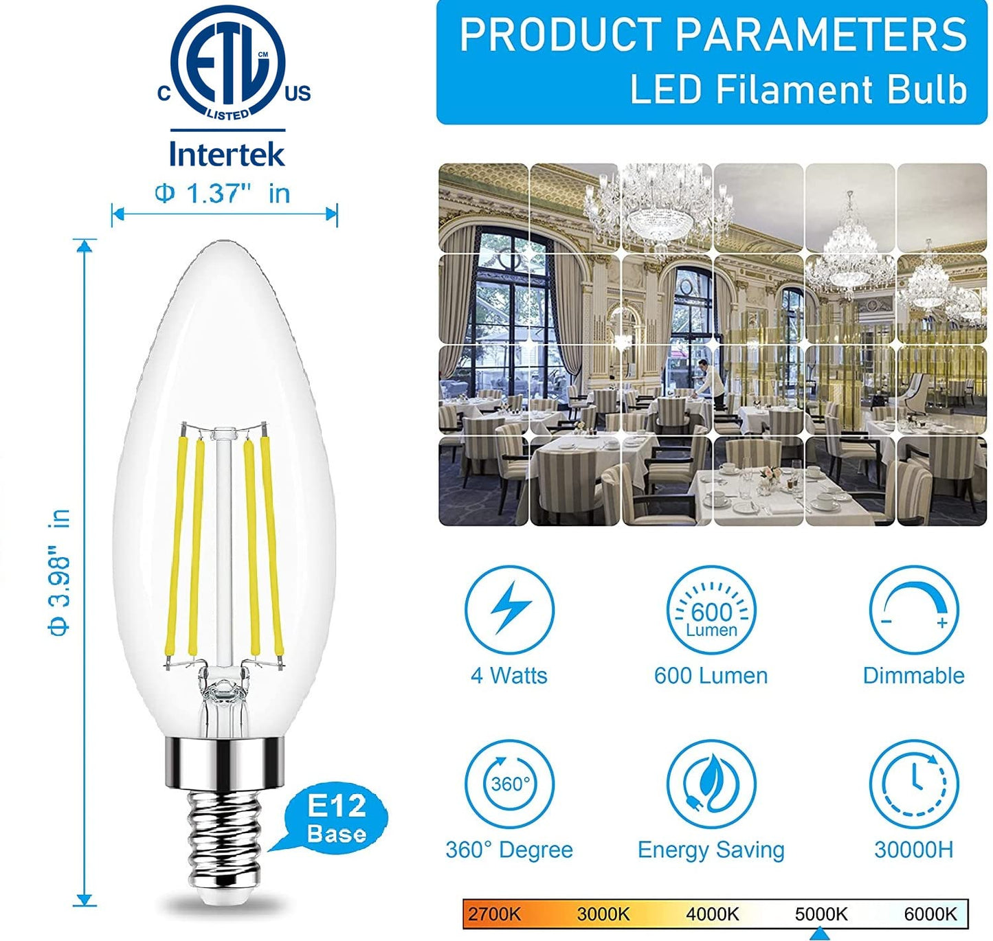 Honesorn 6 Pack Candelabra LED Bulb, E12 Small Light Bulbs 5000K Daylight