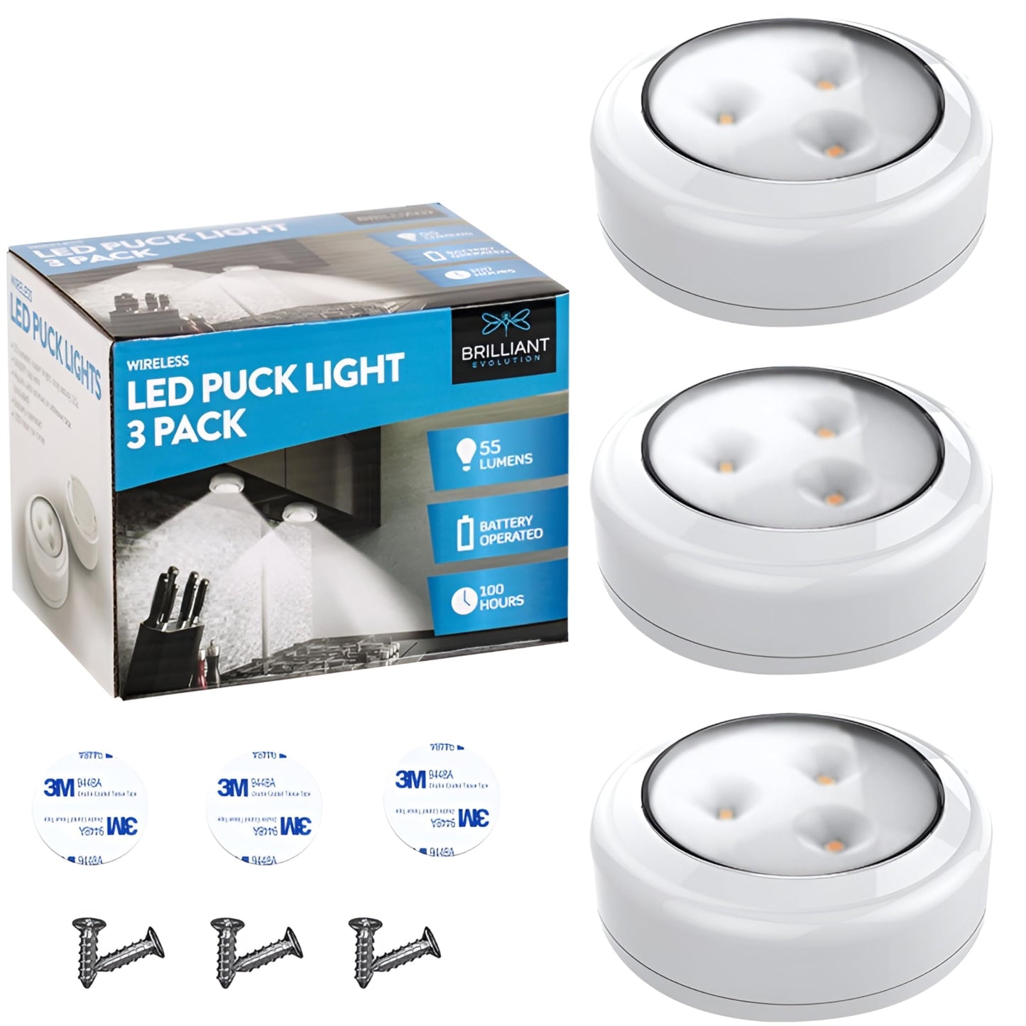 Bright Evolution Under Cabinet Lights - Battery Operated Cabinet Lighting with Tap Technology - LED Puck Lights for Kitchen - Stick On Illumination