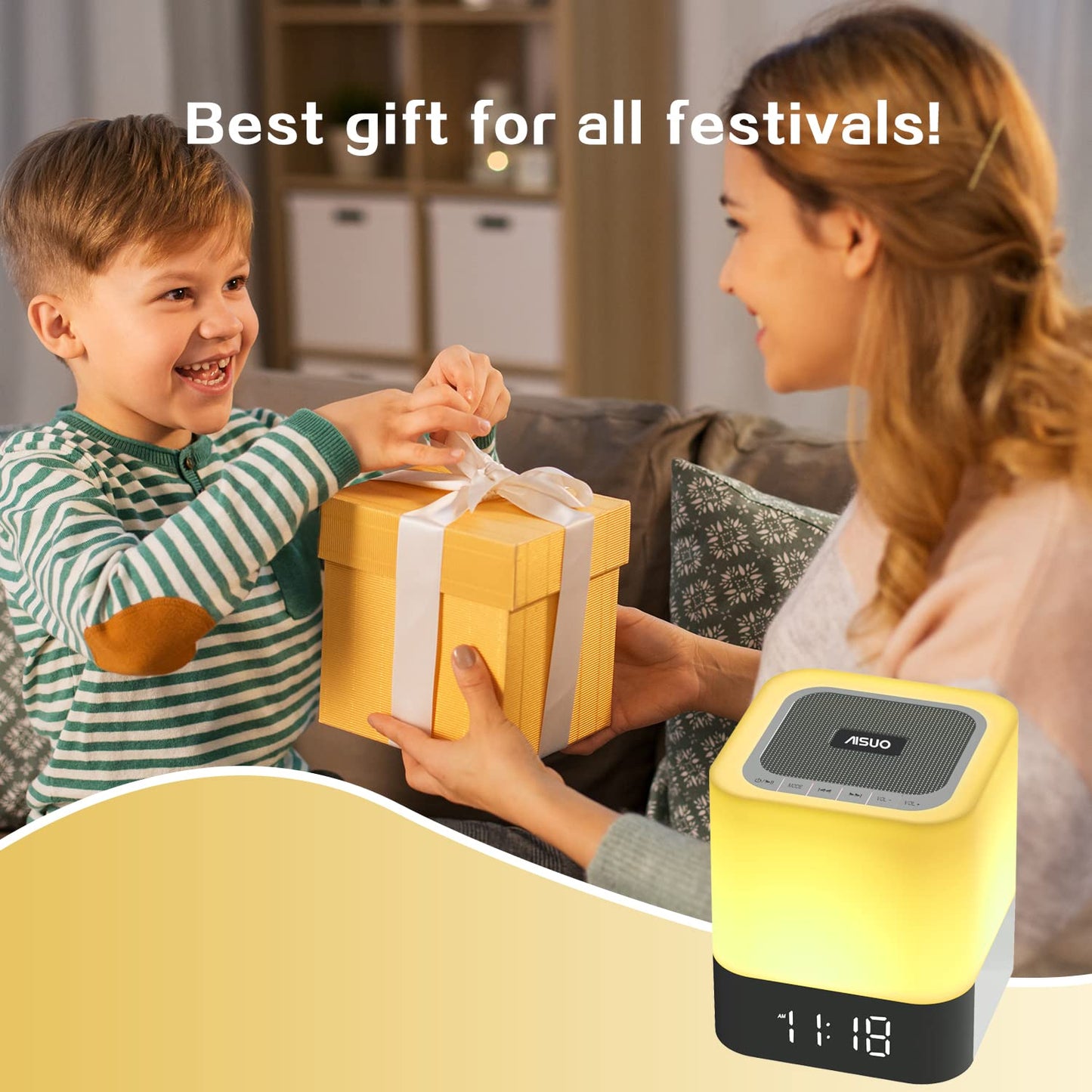 Aisuo Night Light-5 in 1 Bedside Lamp with Bluetooth Speaker, 12/24H Digital Calendar Alarm Clock, Touch Control, Support TF and SD Card, Music