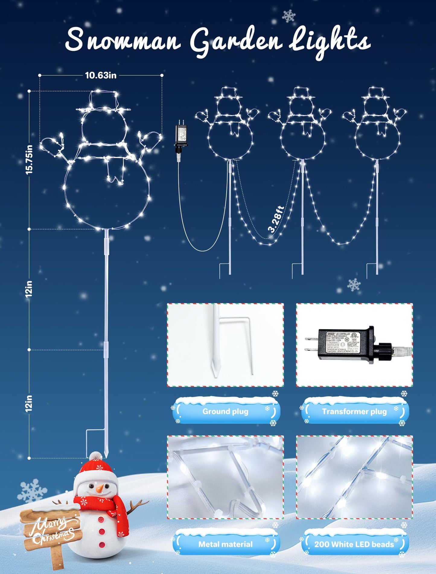 woohaha Christmas Snowman Pathway Lights,200 LED Plug in Garden Outdoor Decorations?Waterproof String Lights with 3 Snowman Stakes Light for Garden