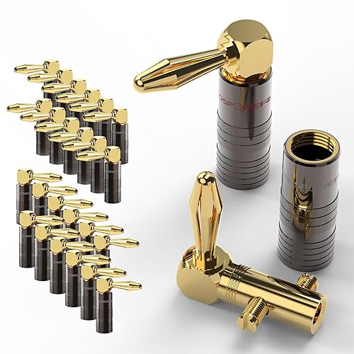 FosPower Right Angle Banana Plugs (12 Pairs / 24 pcs), Closed Screw 24K Gold Plated Banana Speaker Plug Connectors for Speaker Wire, Wall Plate, Home