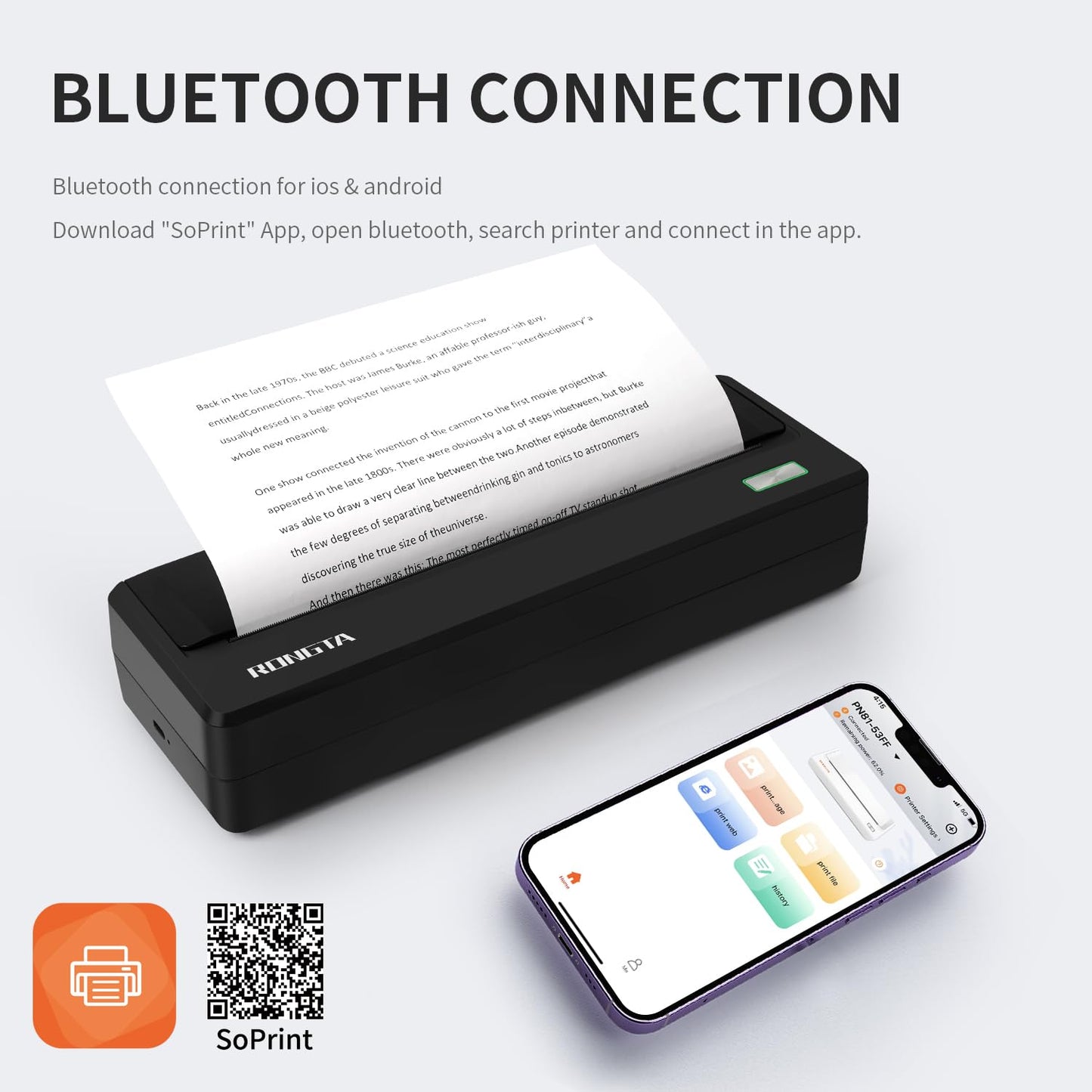 Rongta Portable Printer Wireless for Travel, 300DPI Thermal Inkless Bluetooth Mobile Printer, Support 8.5" X 11" US Letter, Compatible with Android