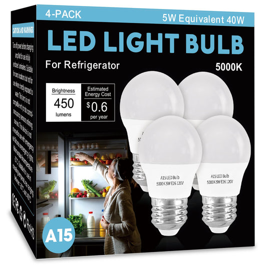 LOXYEE LED Refrigerator Light Bulb 4 Pack A15 5000K 40W Equivalent