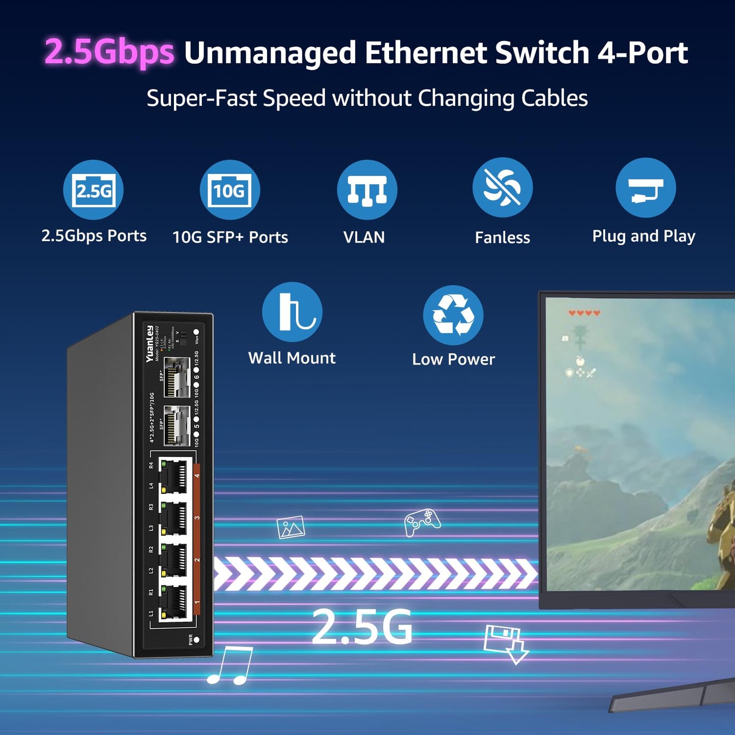 6 Port 2.5G Unmanaged Ethernet Switch, 4 x 2.5G Base-T Ports, 2 x 10G SFP, Compatible with 100/1000/2500Mbps, VLAN, Fanless, Desktop/Wall Mount
