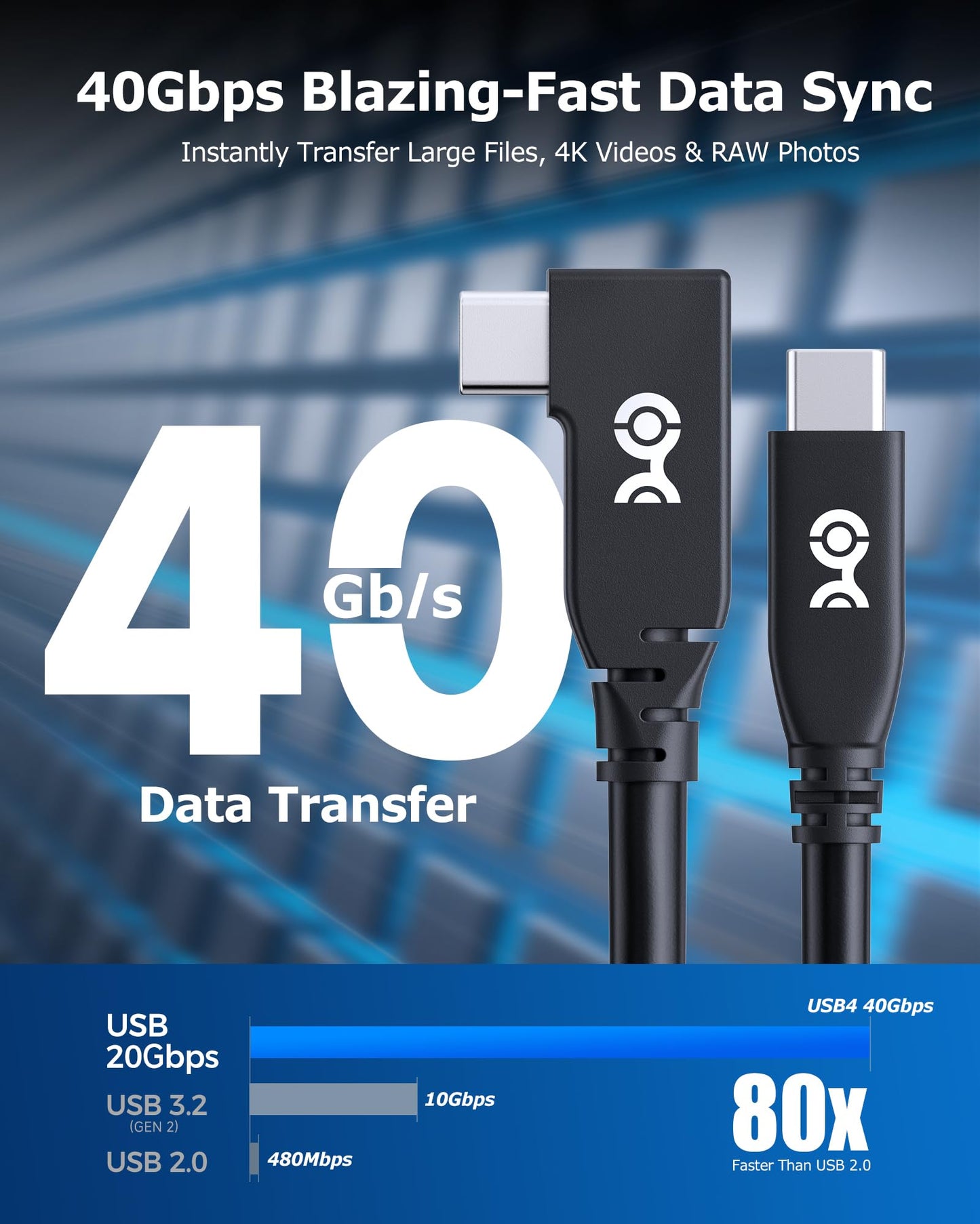 Cable Matters 40Gbps Right Angle USB 4 Cable 6.6 ft, Supports Up to [8K@60Hz / 4K@240Hz Video, 240W Charging, 40Gbps Data Transfer] USB4 Cable Right