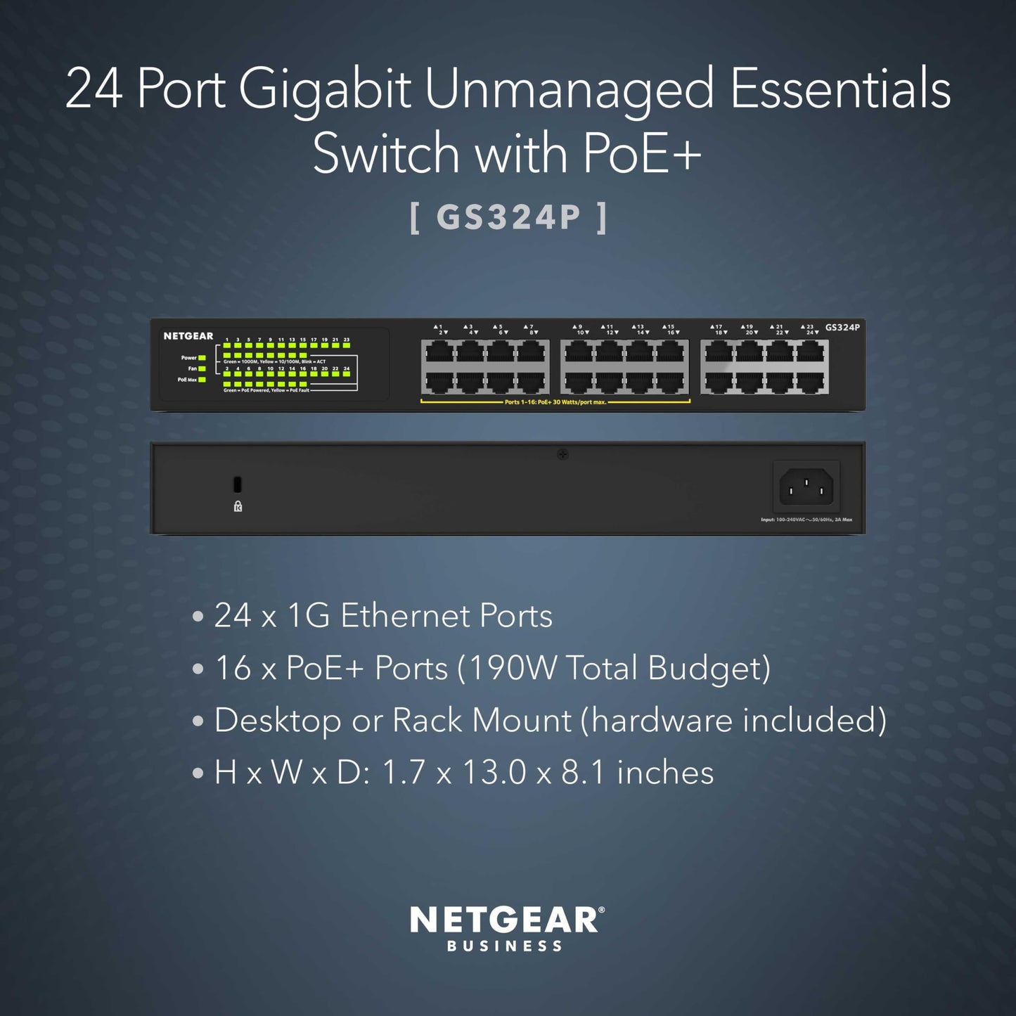 NETGEAR 24 Port PoE Switch Unmanaged - 24 Port PoE Gigabit Switch with 16 PoE+ Ports (190W), Desktop or Rackmount (GS324P)
