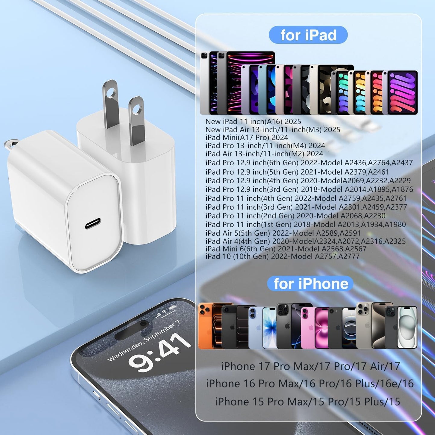 2Pack USB C Fast Charger for iPad Pro 13(M4)/iPad Pro 12.9/11 in 2025-2018,iPad Air 6th(M2)/5th/4 10.9",iPad 11/10/Mini 7/Mini 6th,iPad Charger Fast