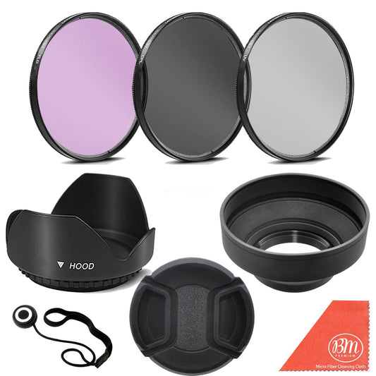3 Piece Filter Kit (UV-CPL-FLD) + Tulip Lens Hood + Soft Rubber Hood + Lens Cap + for Select Canon, Nikon, Sony, Olympus, Panasonic, Fuji, Sigma SLR