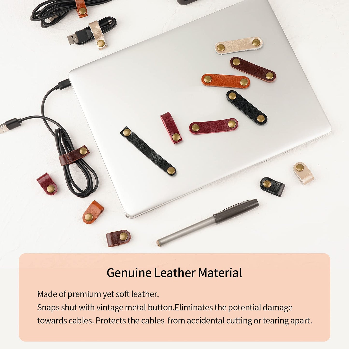 20 Pack Leather Cable Straps Cord Organizers Leather Cable Ties Cord Snap On Cable Holders Keepers For Travel, USB Charging Cable Management Winder