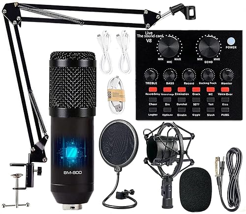 Podcast Equipment Bundle, BM-800 Mic Kit with Live Sound Card, Adjustable Mic Suspension Scissor Arm, Metal Shock Mount and Double-Layer Pop Filter