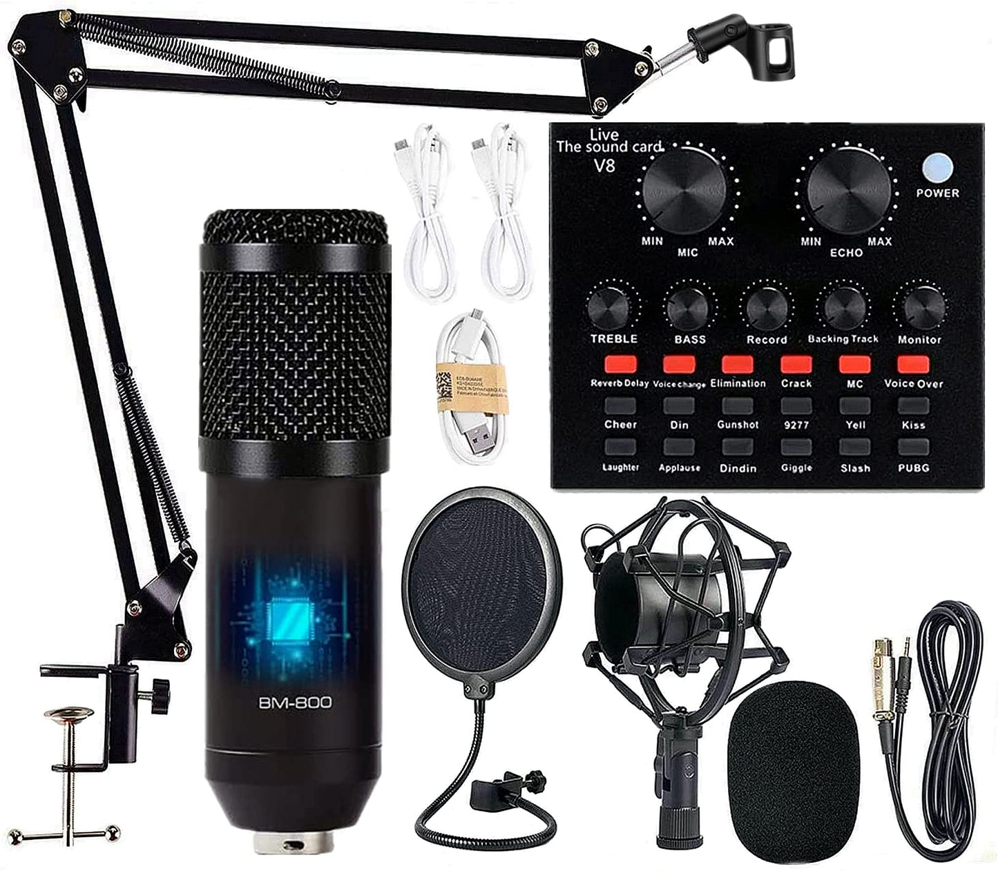 Podcast Equipment Bundle, BM-800 Mic Kit with Live Sound Card, Adjustable Mic Suspension Scissor Arm, Metal Shock Mount and Double-Layer Pop Filter