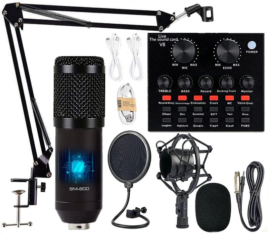 Podcast Equipment Bundle, BM-800 Mic Kit with Live Sound Card, Adjustable Mic Suspension Scissor Arm, Metal Shock Mount and Double-Layer Pop Filter