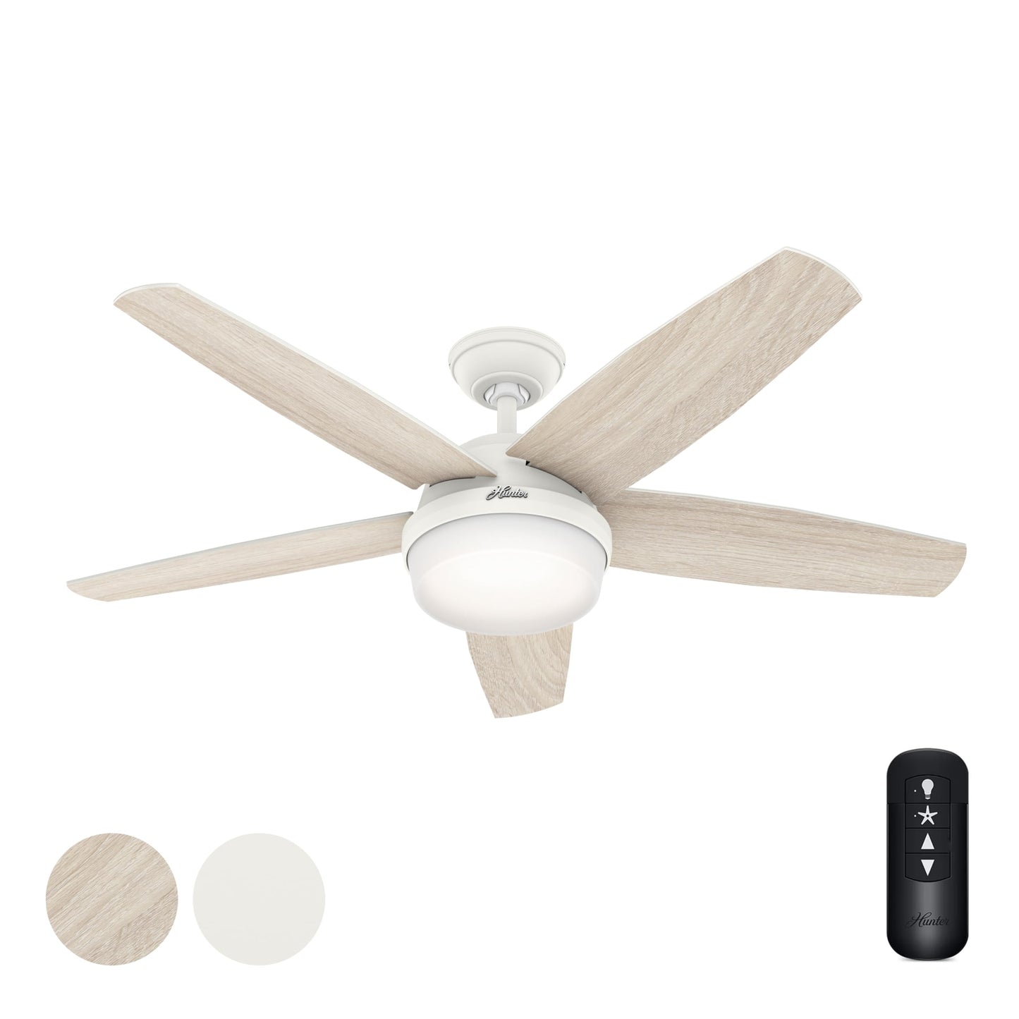 Hunter Fan 52 inch Indoor Ceiling Fan with LED Light and Remote Control, White Modern Ceiling Fan, 5 Blades, For Bedroom, Living Room, or Kitchen