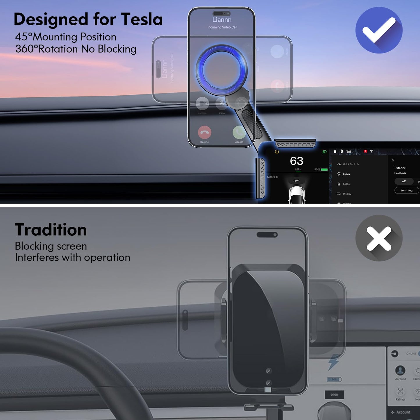 Tesla Phone Mount, for MagSafe Car Mount, ?Strongest Magnet Power? Magnetic Car Phone Holder for Tesla 3/Y/S/X Accessories Screen, Fits All Phone