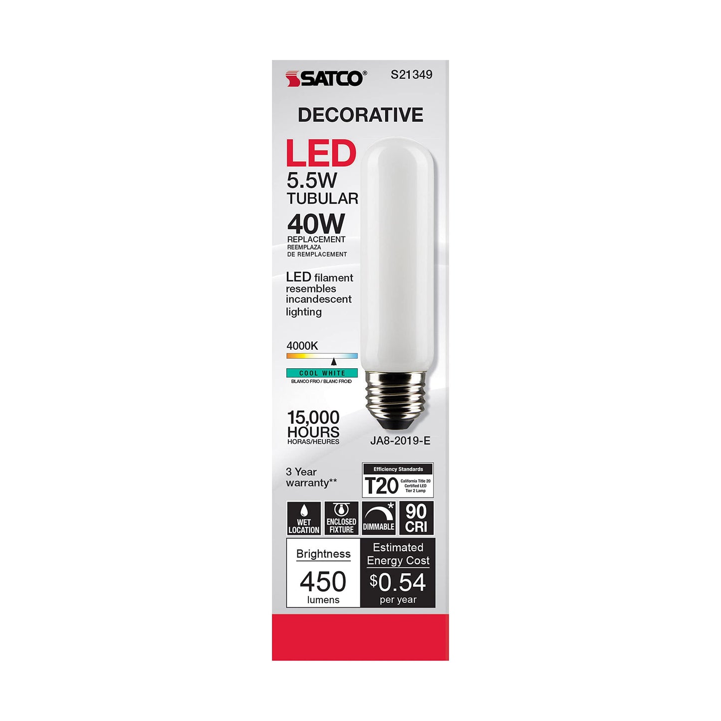 Satco 5.5-Watt LED E26 Light Bulb, 4000K, 15000 Hour Rating, Dimmable
