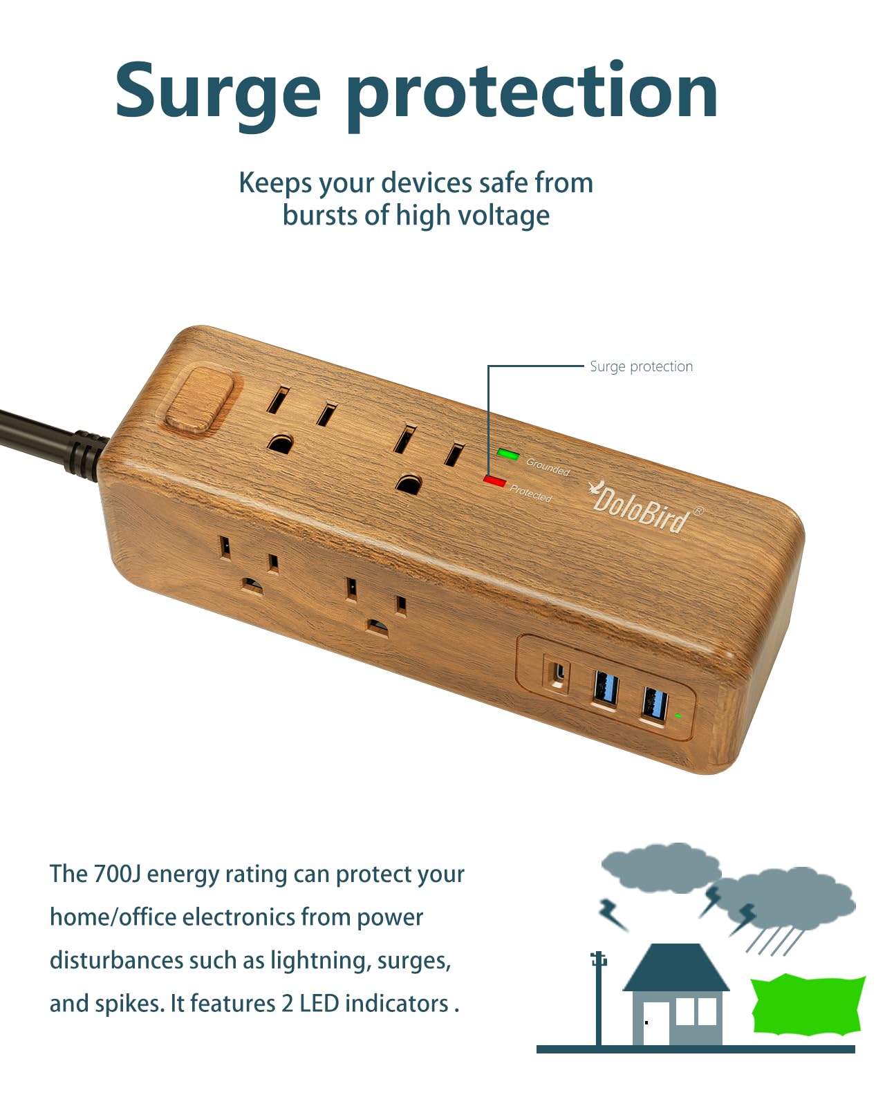 Power Strip Surge Protector 8 Outlet with 2 USB-A+1USB-C Ports Charging Station Long Extention Cord Right Angle Flat Plugs Circuit Breaker for Home