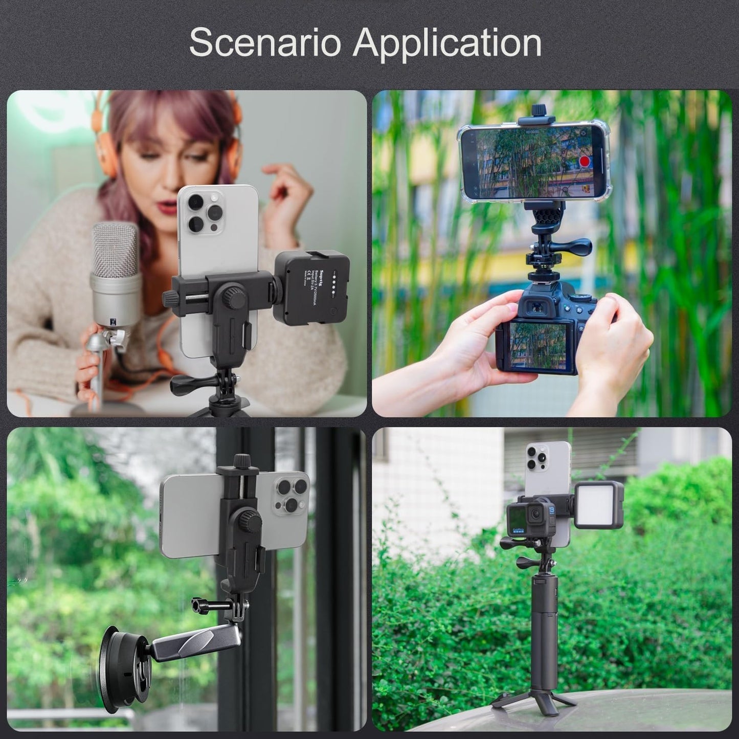 Suptig Phone Holder for Tripod, Action Camera Tripod Mount Adapter Compatible for iPhone, Gopro, DJI Action, Insta 360, Akaso, Mic, LED Light