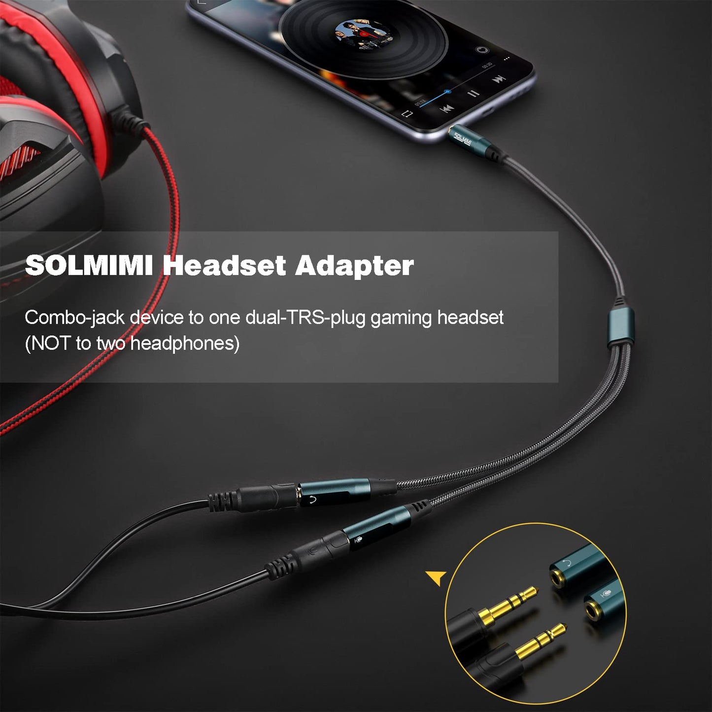SOLMIMI Headset Adapter, 3.5mm Headphone Mic Splitter CTIA TRRS Male to Dual TRS Female Y Audio Microphone Splitter Cable for Gaming Headset to PC