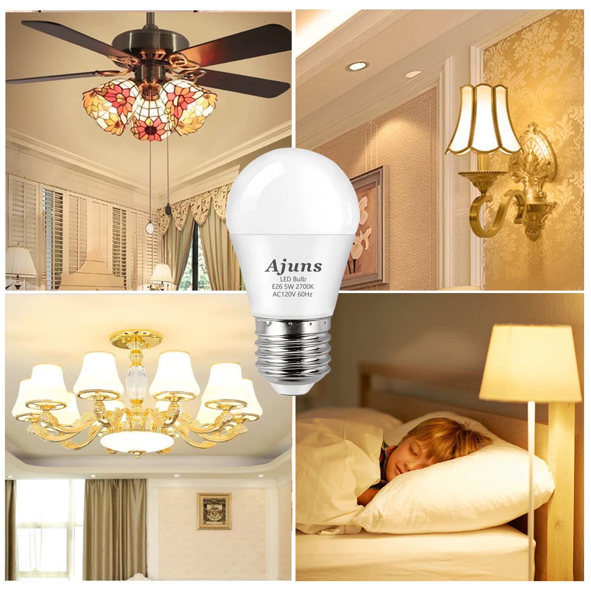 Ajuns LED Bulb 5W Equivalent 40W 120V Light Bulb Ceiling Fan Light Bulbs, Warm White 2700K A15 LED Energy Saving Bulb, E26 Base Not Dimmable 4 Pack