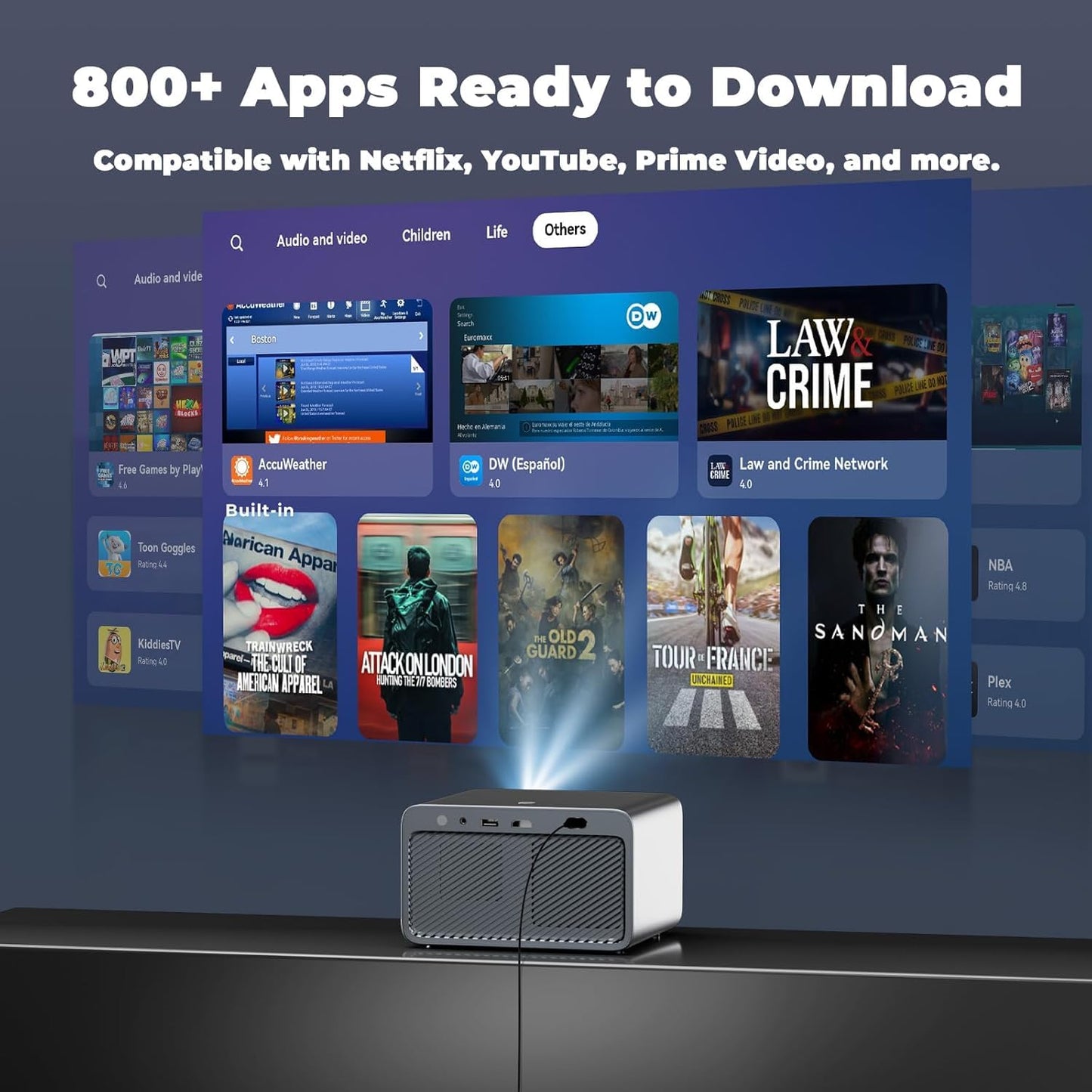 Projector with WiFi and Bluetooth: [1800 ANSI/Ai Auto Focus/800+ Apps/Compatible with Netflix] Outdoor-Projector 4K Support 1080P Smart Live TV Movie