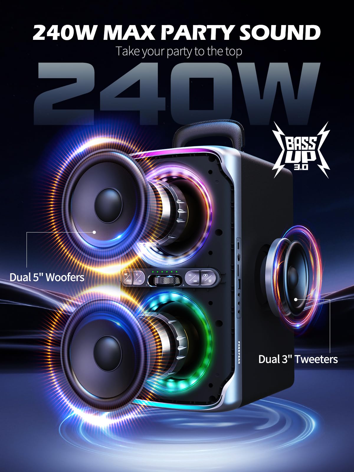 FREEPEAR Party Bluetooth Speaker - 240W Peak Loud Speaker, Dazzling Light Show, Deep Bass, IPX4 Waterproof, 15H Battery, TWS Pairing, BT 5.3 Wireless