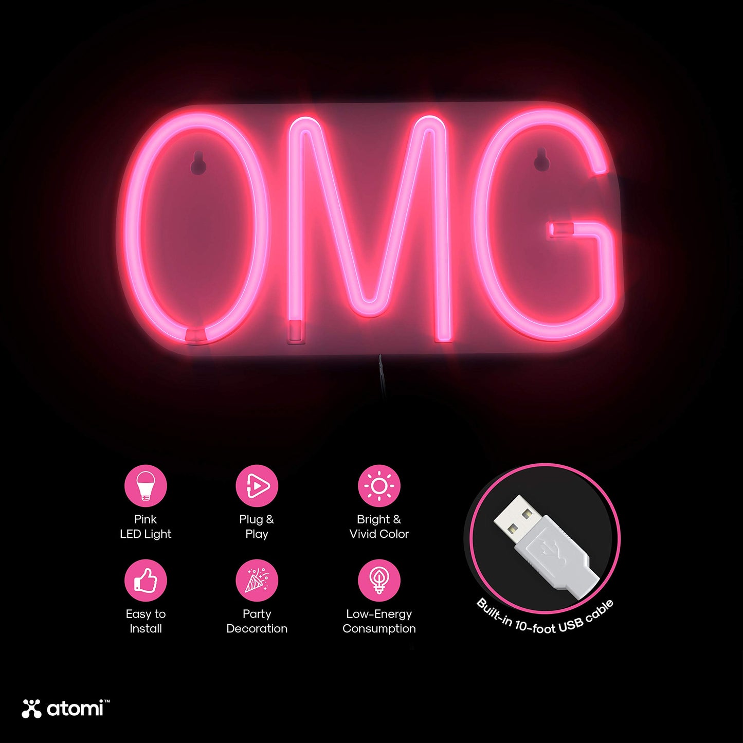 Atomi Smart Neon LED Light I Decorative Wall Art for Bedrooms, Bars & DIY Designs I USB Powered, 10 ft Cord - OMG - Pink